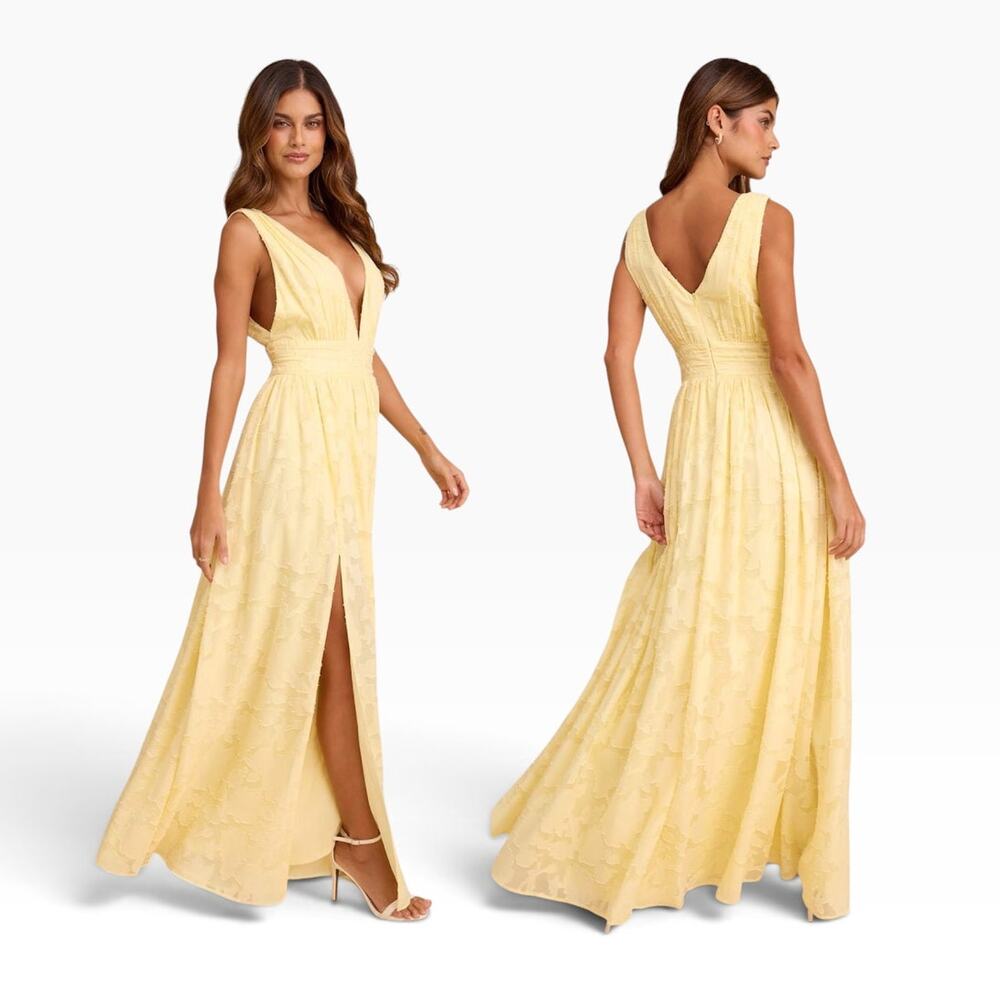 Lulus Sweet Sophistication Light Yellow Burnout Floral Maxi Dress size M NWT